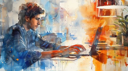 Young entrepreneur working on a laptop in a co-working space, watercolor style