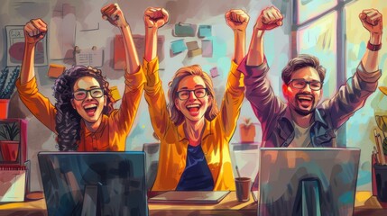 Team celebrating a successful project completion, watercolor style