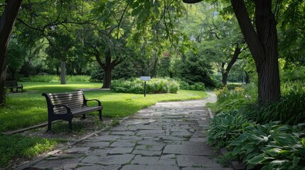 Obraz premium Quiet corner of a public park with a stone pathway and shaded seating area