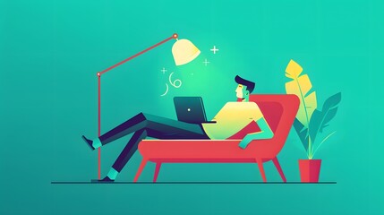 Man relaxing on a couch with a laptop, working from home.  A lamp and plant are nearby.  The background is a soft teal green.