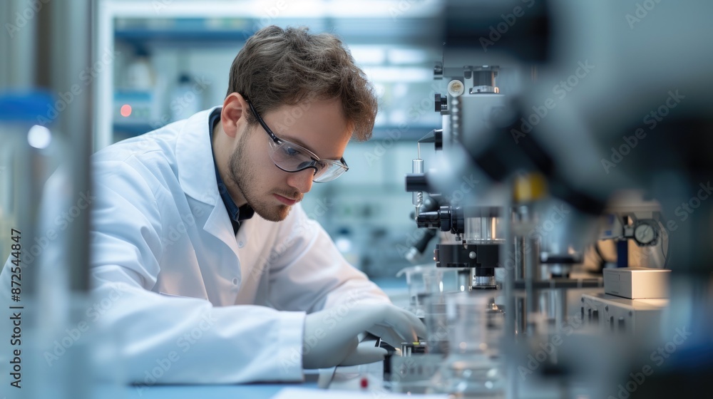 Aufkleber an engineer is conducting experiments in a science lab, wearing a lab coat. aig41