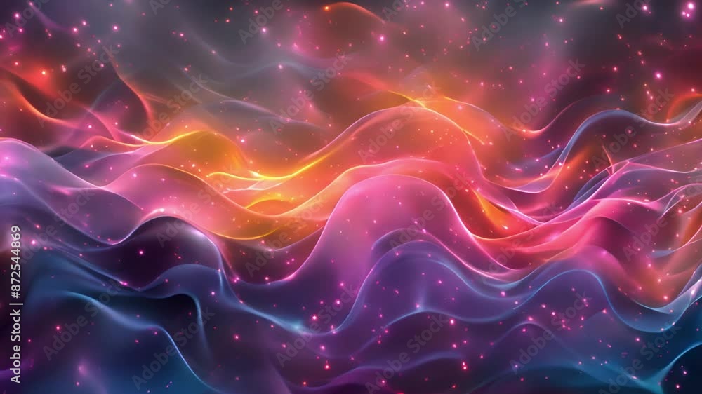 Aufkleber This image features a digitally generated abstract design with wavy light patterns in shades of pink, blue, and orange. The background is a deep purple with a subtle sparkling effect.