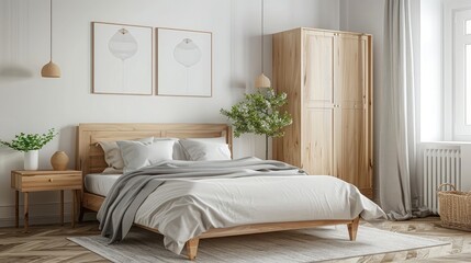 Scandinavian-style bedroom with minimalistic decor, a bed, and a wardrobe