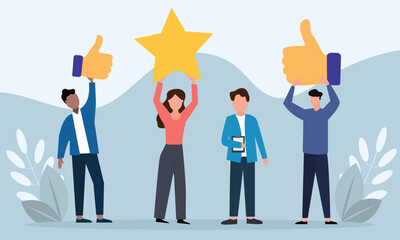 People giving  star and like feedback and choosing satisfaction rating. people holding big stars and like thumb. Customer review rating and feedback concept. Flat vector illustration.