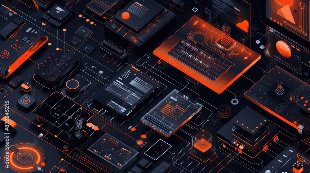 Poster the image shows a close-up of an electronic circuit board with orange and black components. the boar