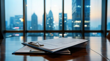 Stack of signed contracts and agreements on a boardroom table, city view through the windows