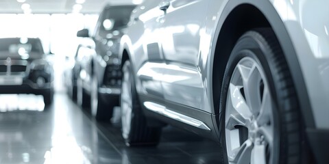 Contemporary car showroom with shiny vehicles on display in sleek design. Concept Car Showroom, Shiny Vehicles, Contemporary Design, Sleek Interiors, Display Models