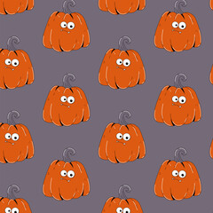 Colorful seamless pattern on Happy Halloween theme. Retro groovy character red pumpkin with creepy and skary face. Contemporary vector illustration on gray background.