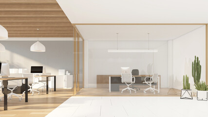 Modern style glass room CEO interior with minimalist work desk and hanging lamp. 3d rendering