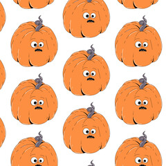 Colorful seamless pattern on Happy Halloween theme. Retro groovy character orange pumpkin with creepy and skary face. Contemporary vector illustration on white background.