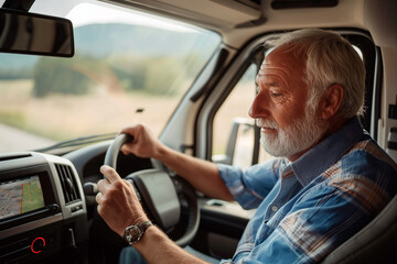 Senior driving camper van. Smiling adult active traveler driving a car vehicle