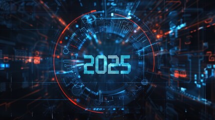 Futuristic Countdown to 2025, Digital futuristic interface displaying the year 2025 in a high-tech design