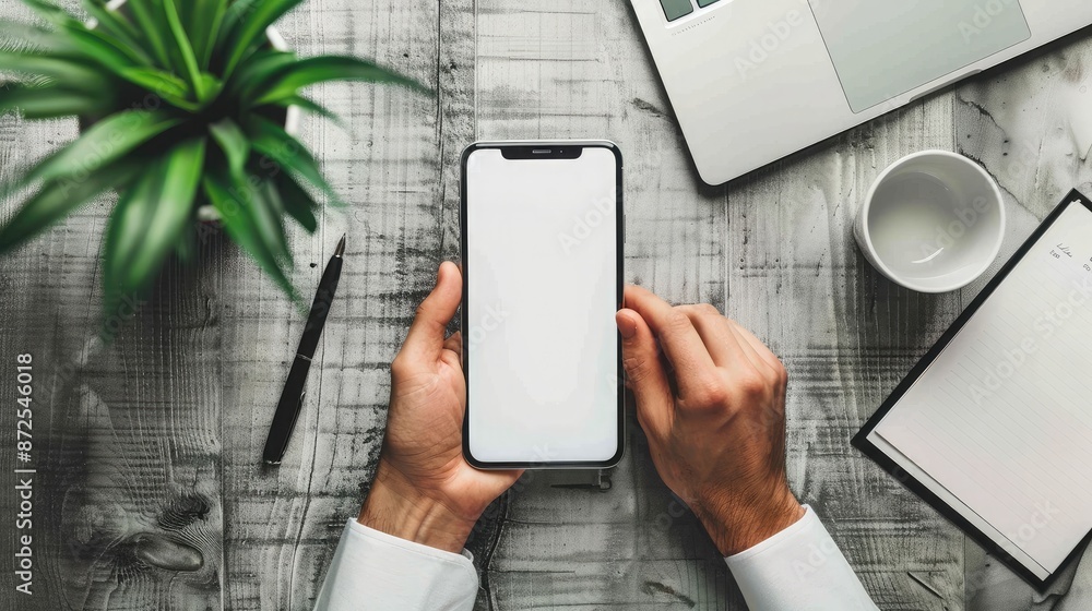 Poster top view of a person using a smartphone with a notepad and pen