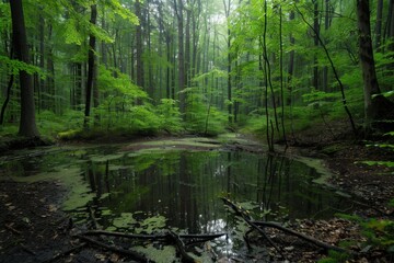 Fototapeta premium A Quiet Pond in a Lush Forest