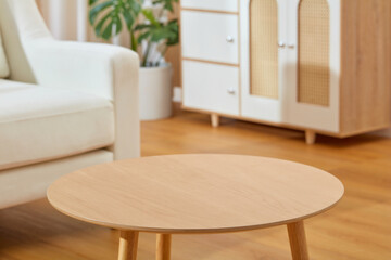 The wooden table in the living room with modern style, which placed on the wooden parquet, in the...