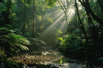 Obraz premium Sunbeams Through The Rainforest