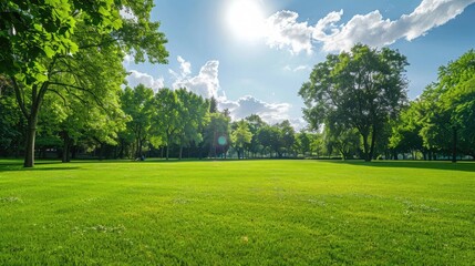 Wide open grassy area in a public park, perfect for recreational activities