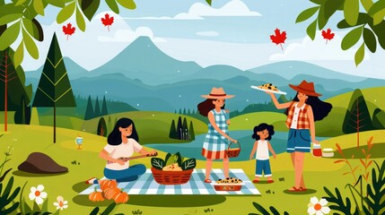 Naklejka premium Family enjoying a picnic in a scenic mountain park. Lush greenery, blue skies, and playful activities create a cheerful outdoor scene.