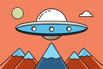 Alien spaceship flying over a mountain range. Alien spaceship vector illustration
