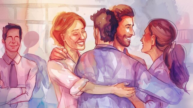 Colleagues comforting each other, supportive work environment, Watercolor style