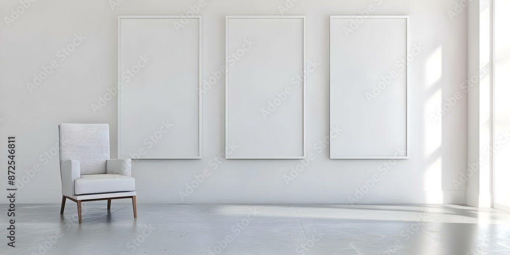 Poster creating an engaging ambiance with modern interior design featuring white walls and frames. concept 