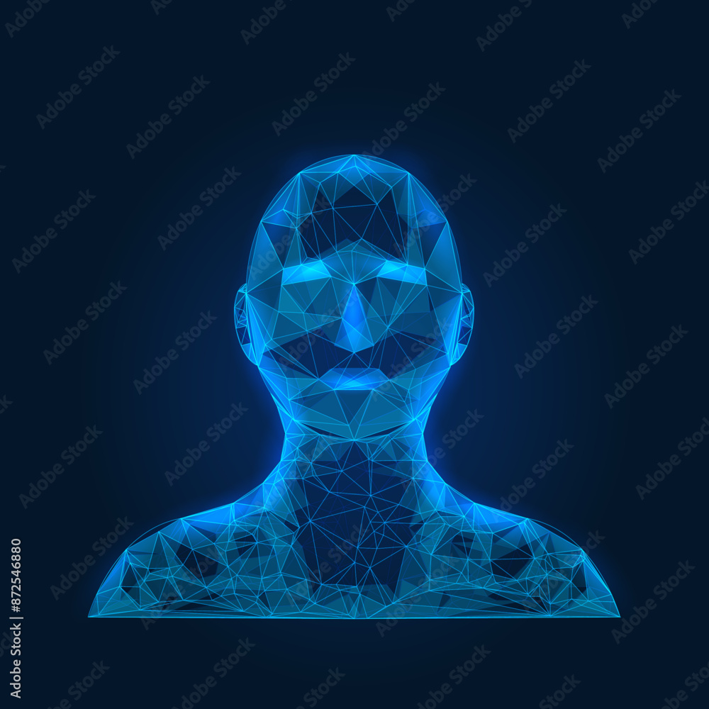 Poster artificial intelligence face and id scan recognition and authentication. geometric wireframe lightin
