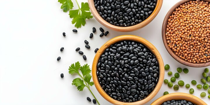 Overhead shot of black beans and urad dal on a white background. Concept Food Photography, Ingredients, Black Beans, Urad Dal, Overhead Shot