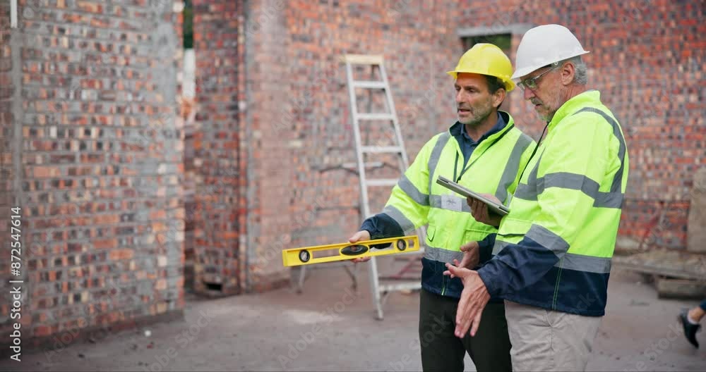 Poster construction worker, planning and teamwork on site with tablet for building, development and project