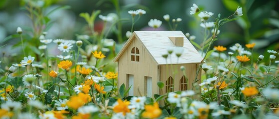 Naklejka premium Green living concept: miniature model of a wooden house surrounded by flowers, symbolizing green living and sustainable architecture