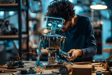 Enthusiast assembling a robot from reused components, blending technology