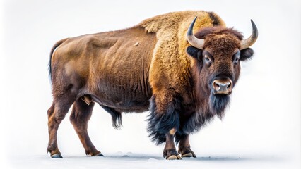 European Bison (Wisent) in Winter Standing on White Snow - Wildlife Photography