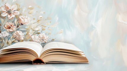 Artistic illustration of an open literature book with elegantly turned pages, ornate cover design, and rich textures, evoking a love for reading