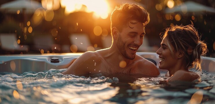 Couple Enjoying a Romantic Evening Hot Tub Soak at Sunset