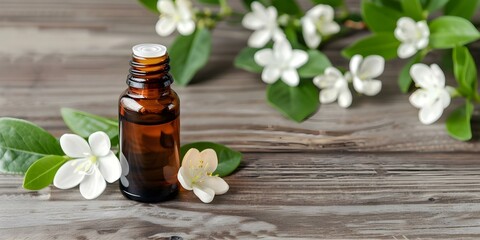 Neroli essential oil with flowers displayed on wooden background. Concept Beauty, Aromatherapy, Relaxation, Natural Remedies, Wellness