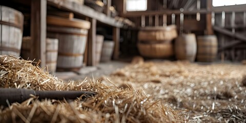 Capturing the Charm of a Rustic Barn Vintage Tools and Straw in an Old-Fashioned Agricultural Setting. Concept Rustic Barn, Vintage Tools, Straw, Old-Fashioned Agricultural Setting, Charm
