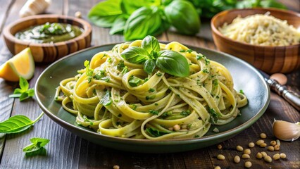 Pasta dishes featuring spaghetti and linguine with delicious pesto sauce, garnished with basil and cheese, served on a gourmet plate
