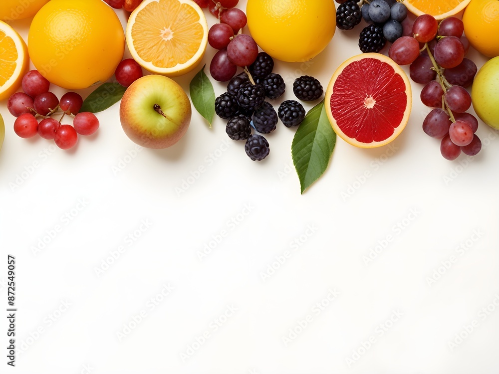 Poster mix fruit on whit background with copy space for text.