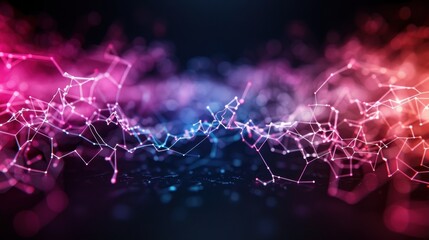 Abstract Digital Network with Glowing Nodes and Connections in Pink and Blue on Dark Background