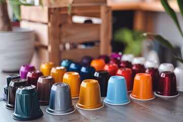 Colorful Coffee Pods Arranged on a Counter