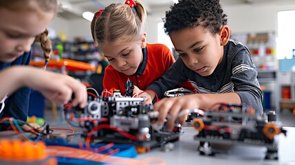 Young students in an after-school robotics club intently working together to build a robot. They are surrounded by tools, wires, and robot parts, their hands busy and minds focused. The background