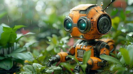 Robot Watering a Garden, ecofriendly technology, 