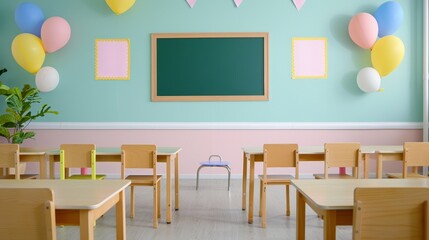 Bright and lively classroom filled with children eagerly participating in a lesson, colorful posters on the walls, teacher at the chalkboard, modern desks and chairs