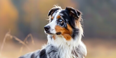 Fototapeta premium Proud and Alert Australian Shepherd Profile Highlighting Noble Posture, Attentive Demeanor, and Strong Herding Lineage. Concept Australian Shepherd, Noble Posture, Attentive Demeanor