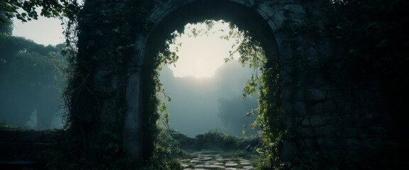 Mysterious atmospheric scene Ancient stone archway overgrown vin