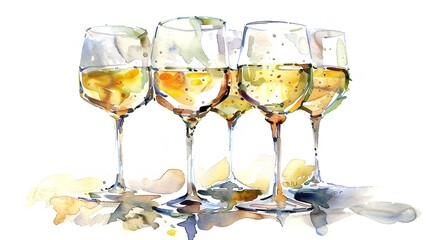 Watercolor Glasses of Champagne on White Background