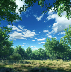 Obraz premium Beautiful blue sky and forest view, picture of clear sky with clouds beautiful view, in morning