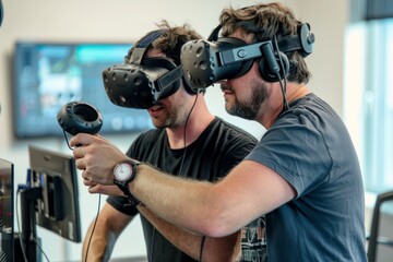 Two Men Wearing Virtual Reality Headsets Interact