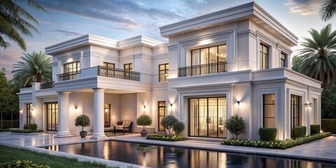 Fototapeta premium Modern Luxury Villa with Swimming Pool at Sunset