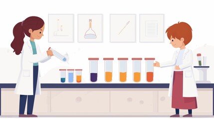 Creative depiction of a hands-on science lesson with children experimenting, teacher supervising, educational posters and tools in the background