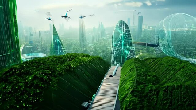 Lush green hills dominate the foreground, connected by sleek white bridges. Towering glass skyscrapers rise in the distance, their forms organic and curved. 